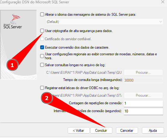 Conclus&atilde;o de configura&ccedil;&atilde;o ODBC